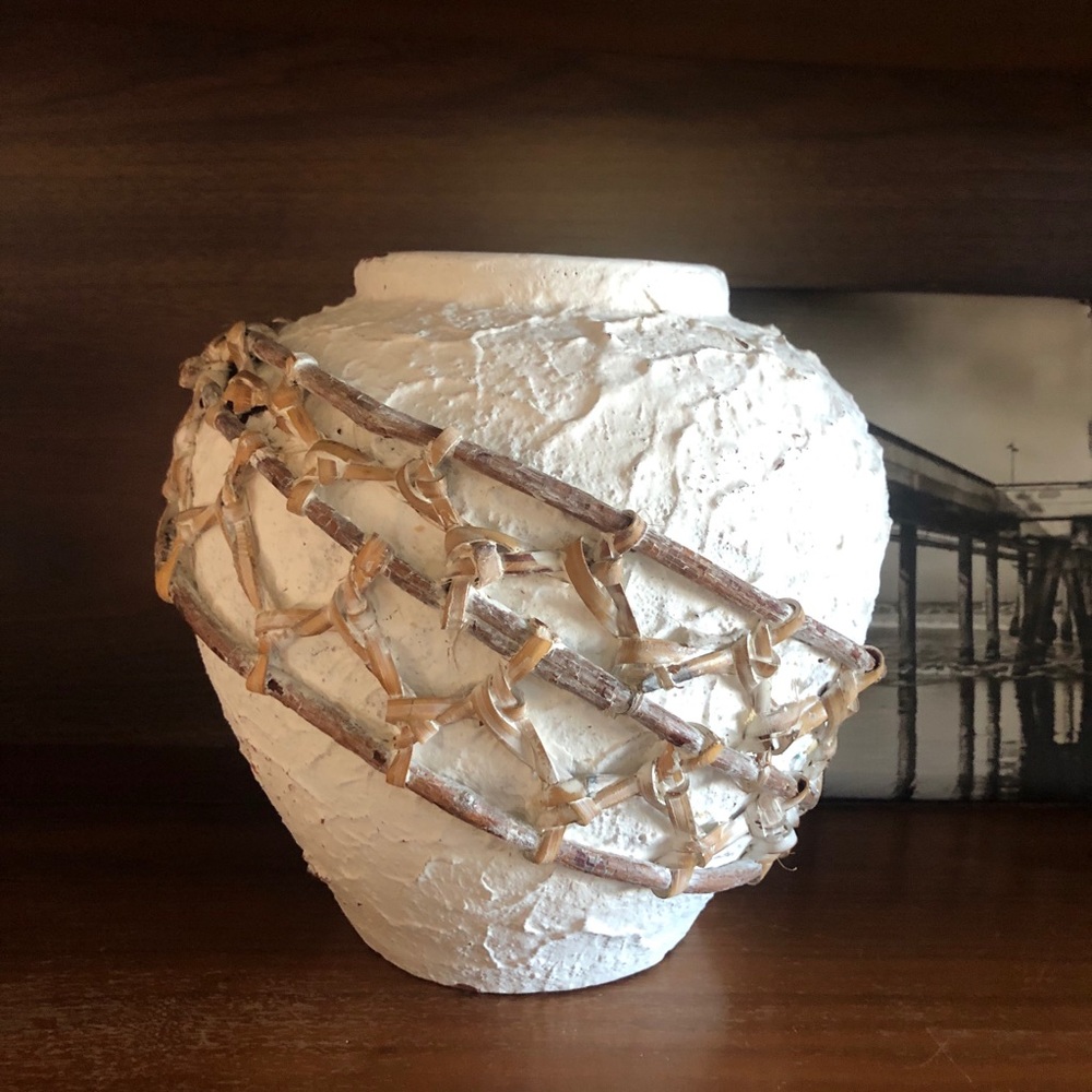 Vintage White Terra Cotta Pottery Vase with Rattan